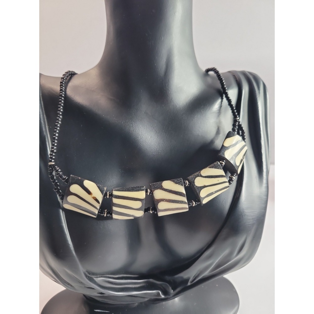 Black Geometric Statement Necklace Resin Panel Cord Art Deco Style Jewelry